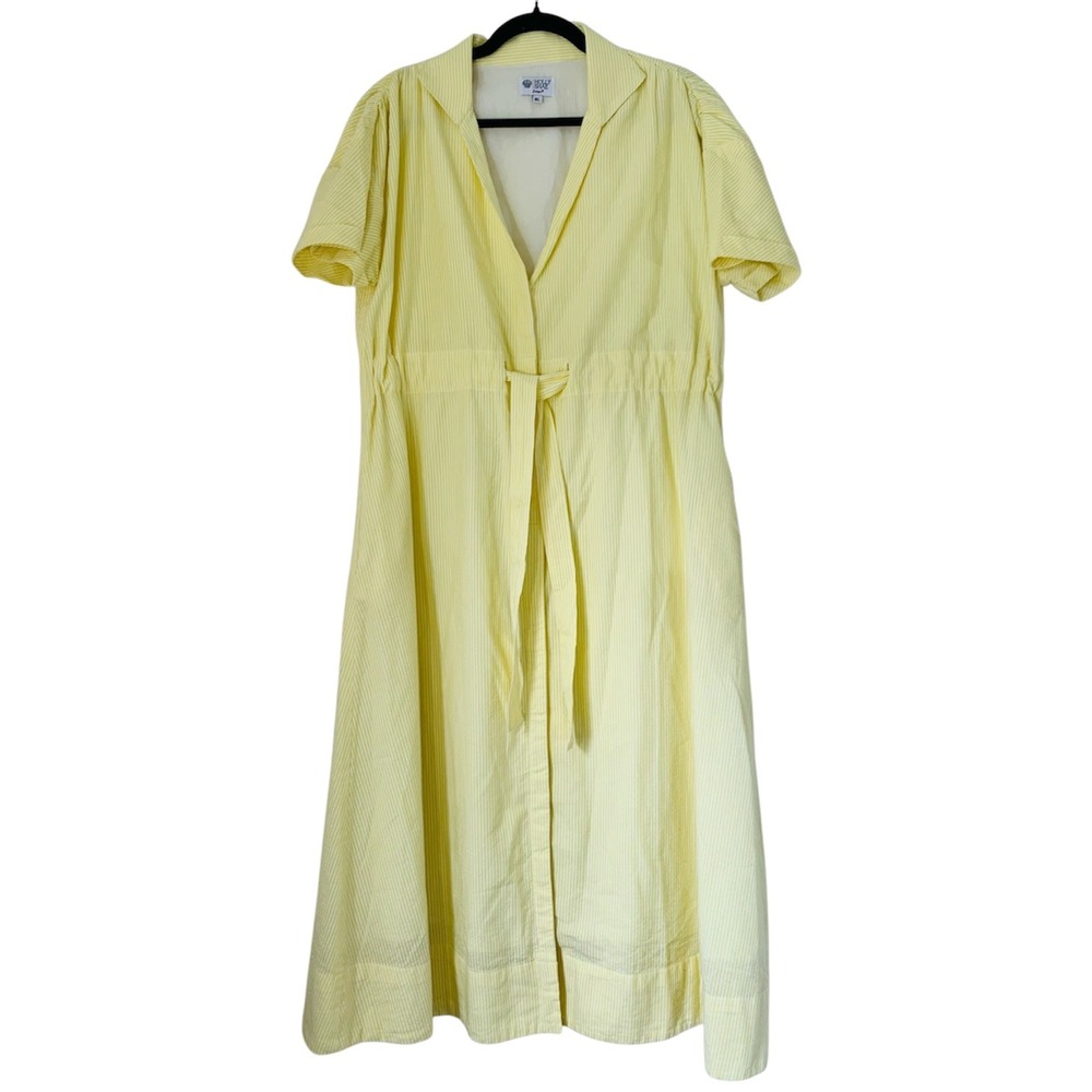 Holly Shae Design Midi Dress Women M/L Yellow Seersucker Stripe Tie Waist Preppy